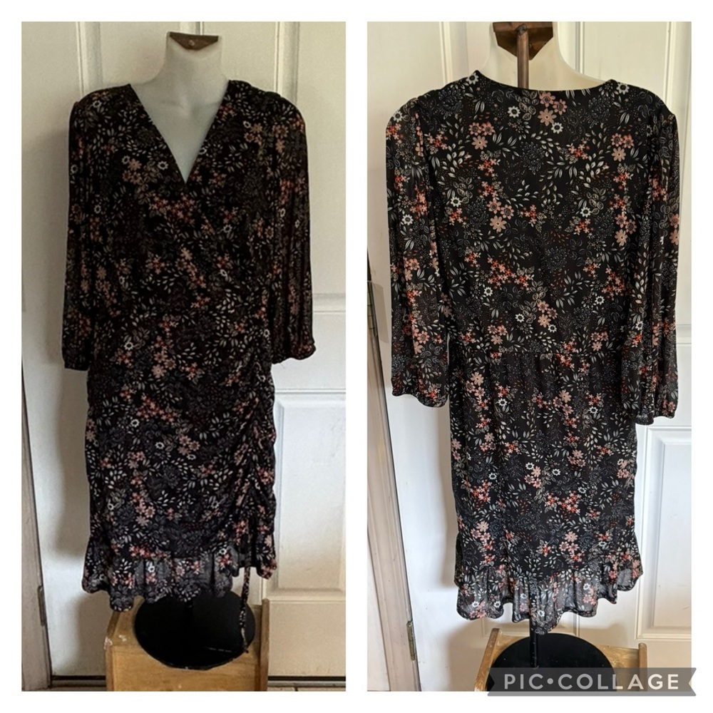 Med Madison & Hudson floral gathered ruffled faux wrap 3/4 sleeve dress